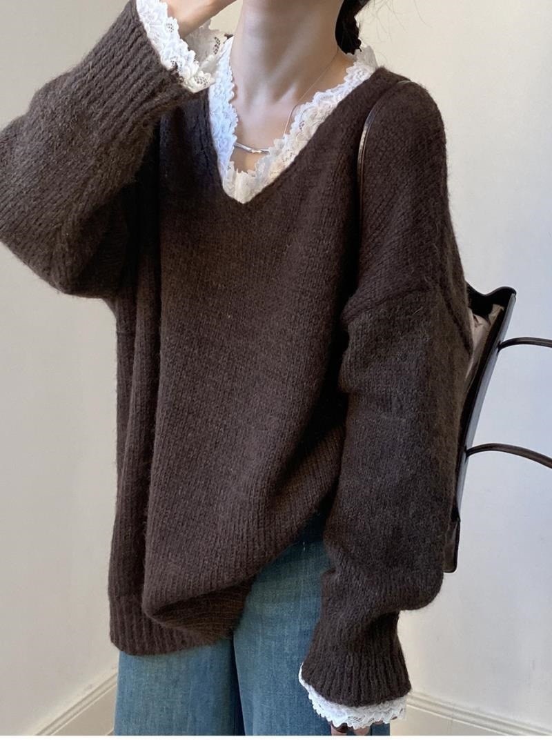свитер пуловер,женский кружевной свободный теплый свитер,вязаные свитера,вязаный пуловер,свитер серый с кружевным воротником