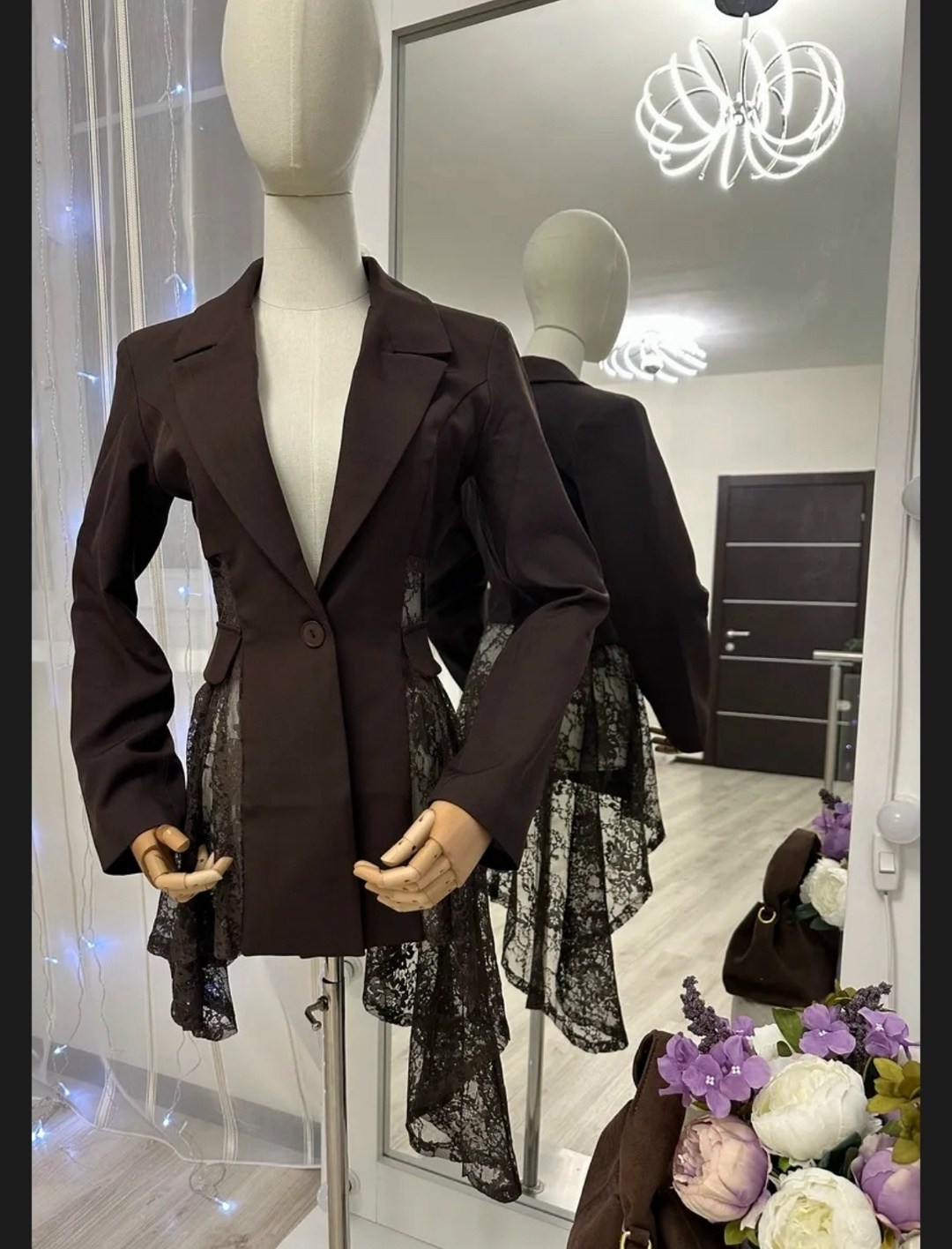 жакет с кружевом,женский дизайнерский костюм элегантный кружевной блейзер и брюки-клеш,пиджак кружево,жакет с кружевной баской,костюм