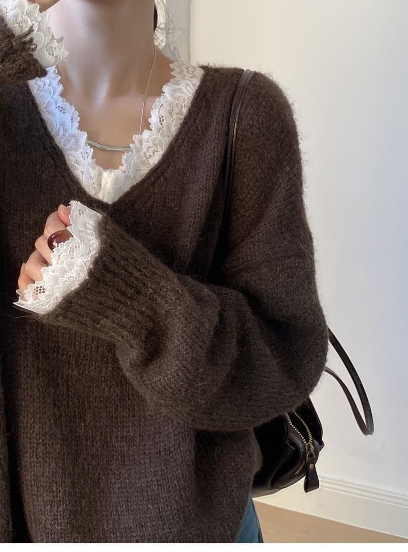 свитер пуловер,женский кружевной свободный теплый свитер,вязаные свитера,вязаный пуловер,свитер серый с кружевным воротником