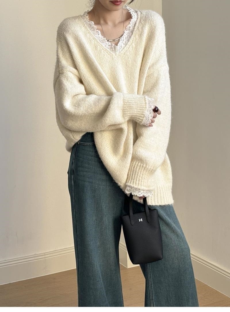 свитер пуловер,женский кружевной свободный теплый свитер,вязаные свитера,вязаный пуловер,свитер серый с кружевным воротником