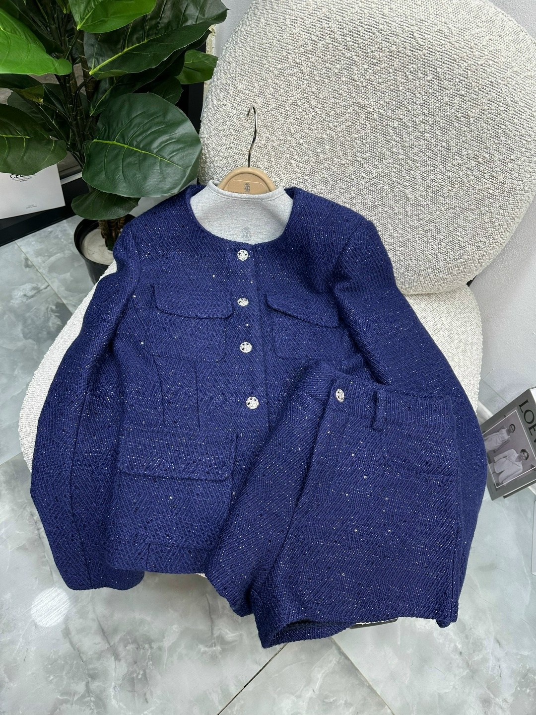 женское твидовое короткое пальто темно-синего цвета,твидовый костюм,женский элегантный твидовый теплый костюм,женское твидовое пальто uhy tgf темно-синего цвета,женский твидовый костюм