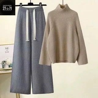 брюки с широкими штанинами,женский комплект из большого свитера с высоким воротником и широких брюк,трикотажный комплект,женский костюм лапша,комплект свитер