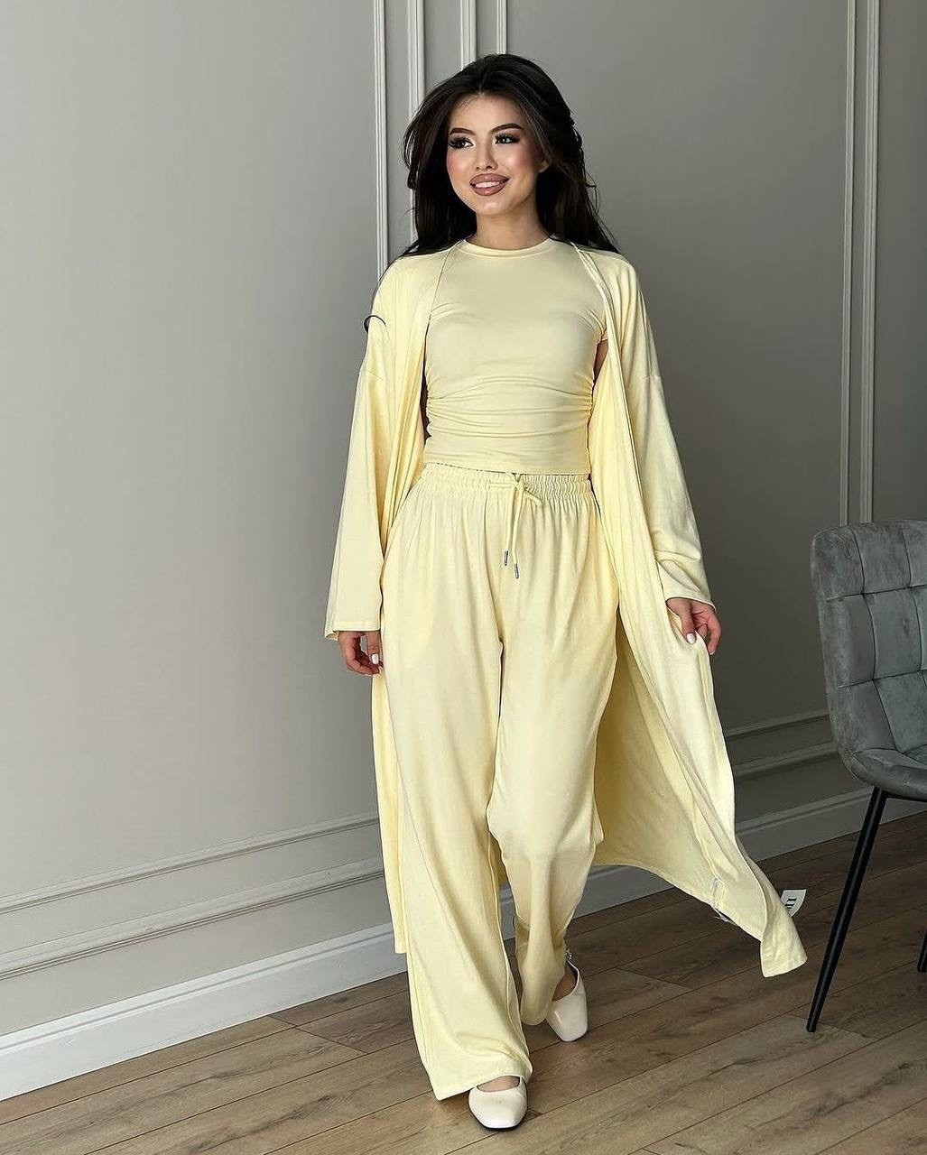 костюм тройка: кардиган, топ, брюки палаццо (плотный хлопок),костюм тройка летний с брюками,стильные костюмы,костюм с брюками палаццо,костюм с брюками