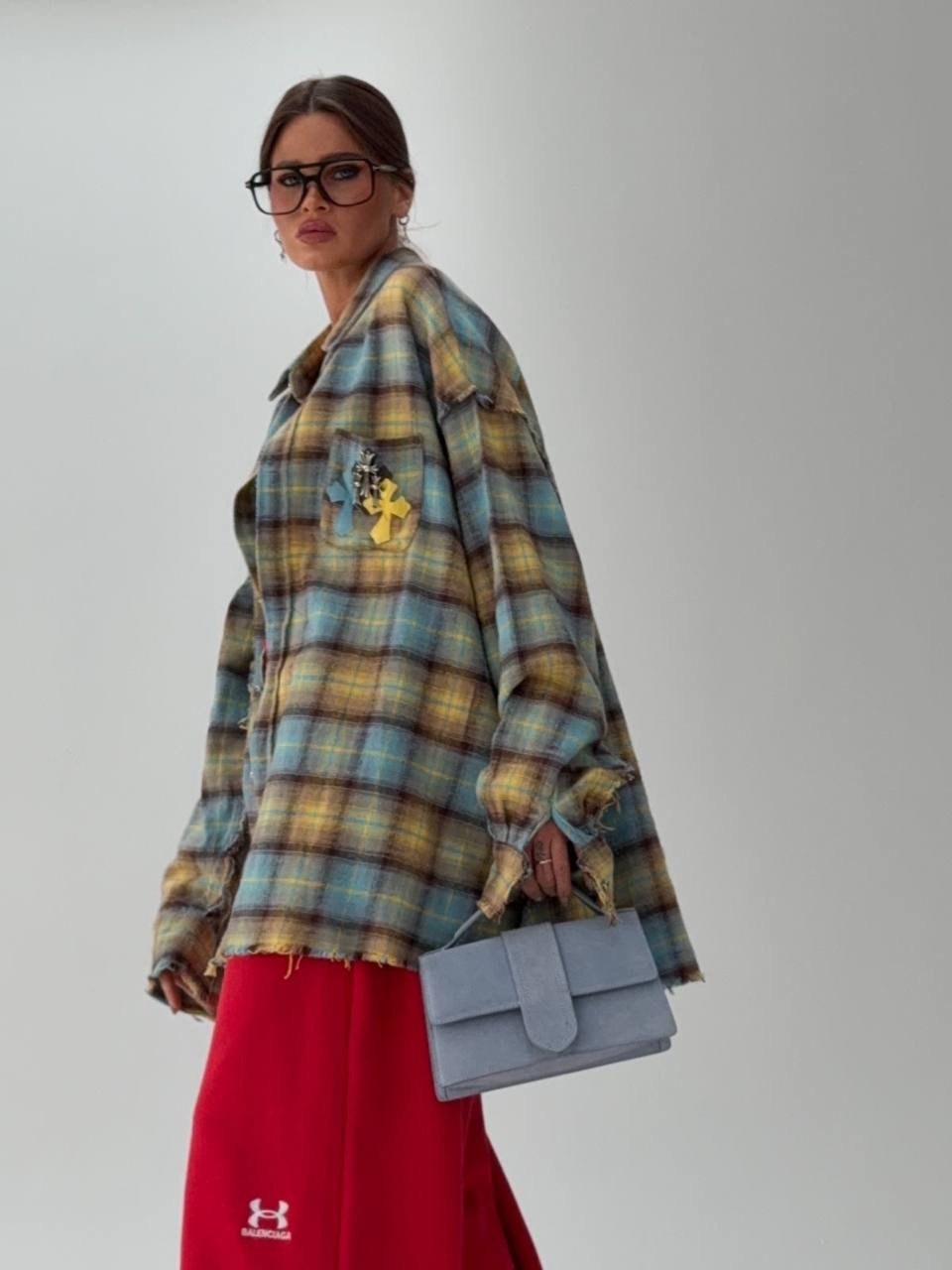 рубашка в клетку оверсайз vittoria vicci,брюки свободные,стильная рубашка,брюки женские в клетку