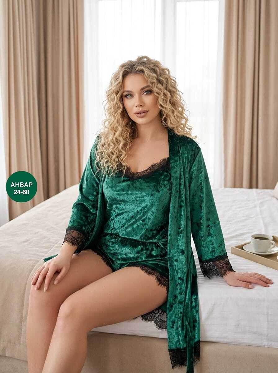 пижама велюровая женская,комплект пижама,женский пеньюар,пижама женская велюровая тройка,халат с кружевом