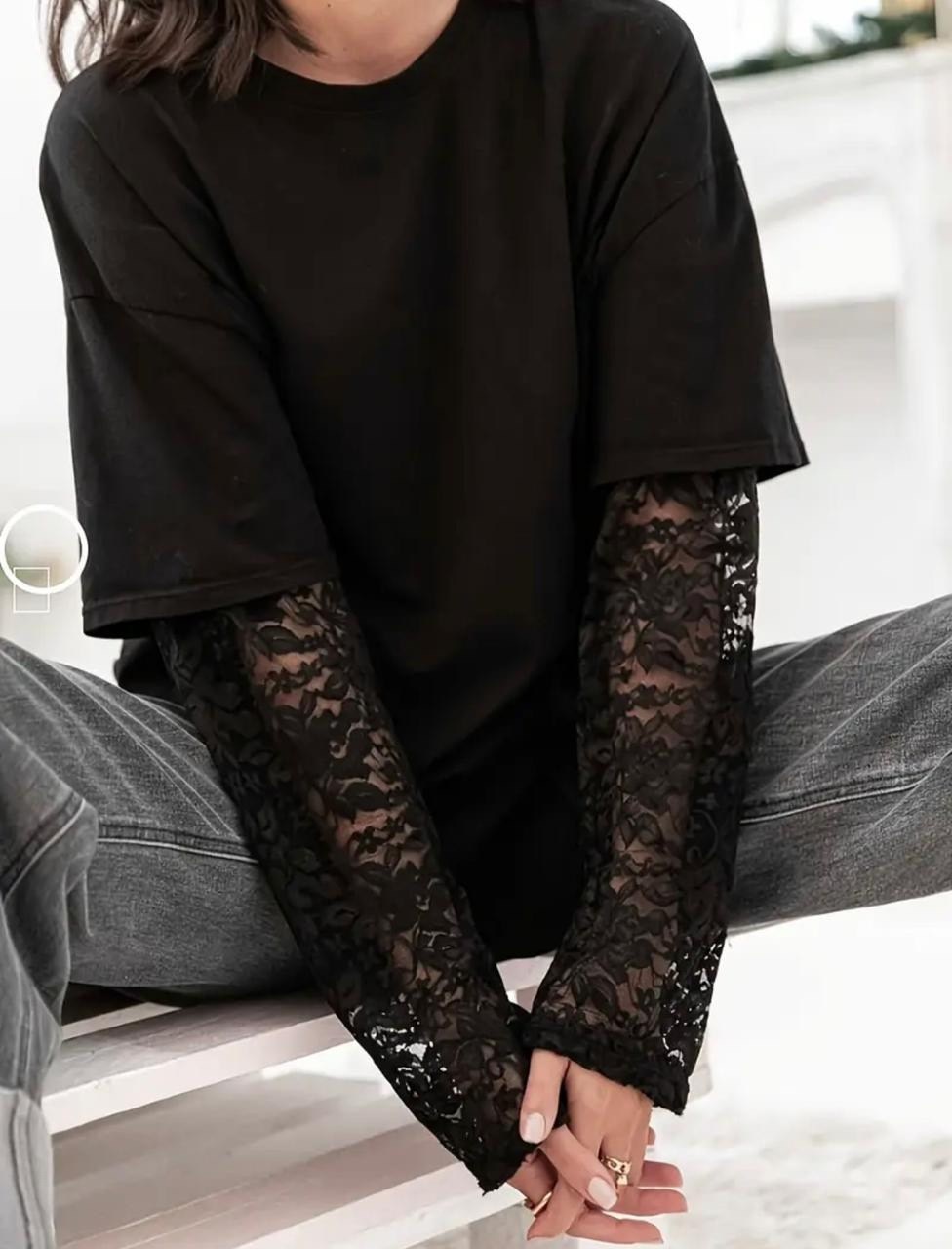 кофта женская,кофта с рукавами,женский свитшот,лонгслив emberens,лонгслив женский однотонный с кружевными рукавами черный