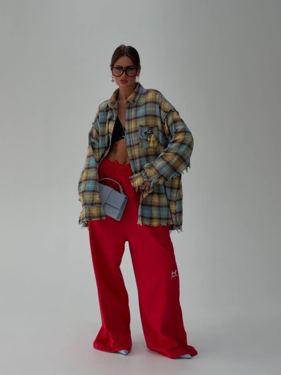 рубашка в клетку оверсайз vittoria vicci,брюки свободные,стильная рубашка,брюки женские в клетку