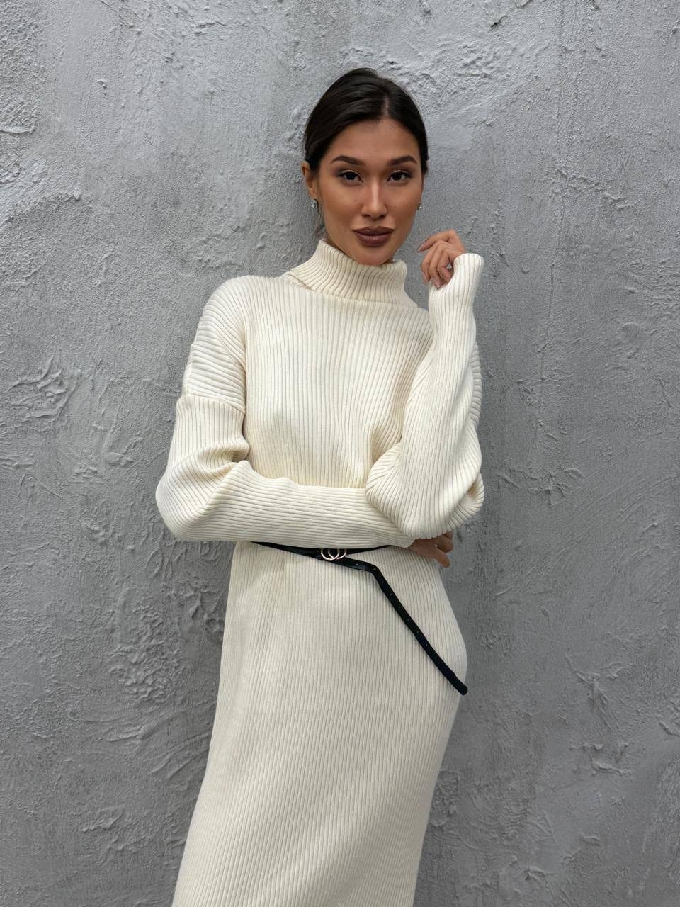 вязаное платье белое,платье свитер белое,вязаное платье миди,длинное вязаное платье,трикотажное платье-свитер теплое с горлом obba