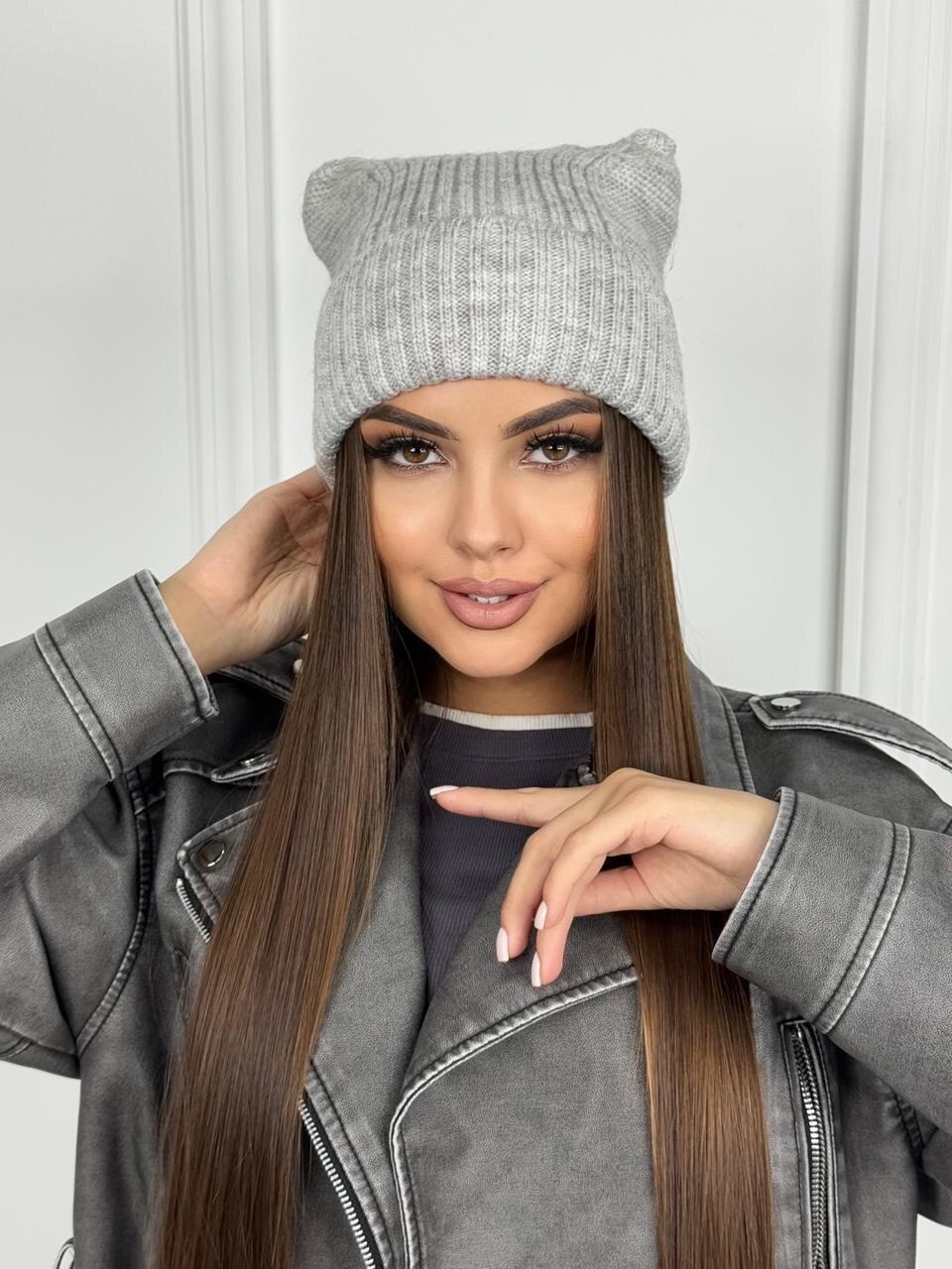 шапка вязаная осенняя с ушками,шапка с ушами,шапка женская с ушками,вязаная шапка с ушами,шапка вязаная осенняя с ушками цвет бежево-розовый