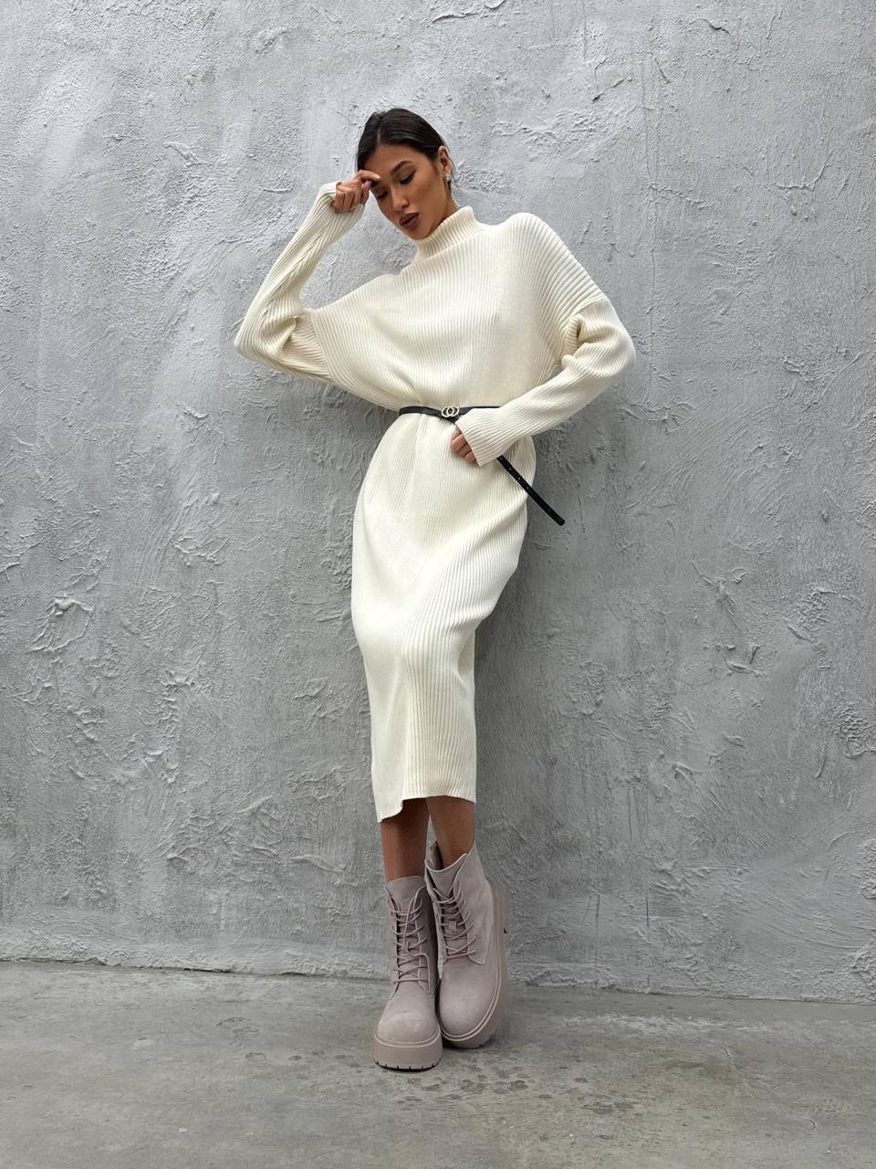 вязаное платье белое,платье свитер белое,вязаное платье миди,длинное вязаное платье,трикотажное платье-свитер теплое с горлом obba