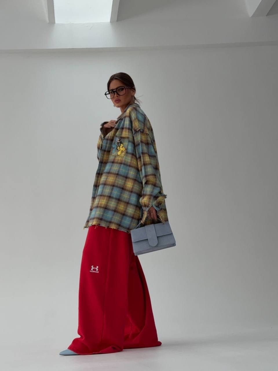 рубашка в клетку оверсайз vittoria vicci,брюки свободные,стильная рубашка,брюки женские в клетку