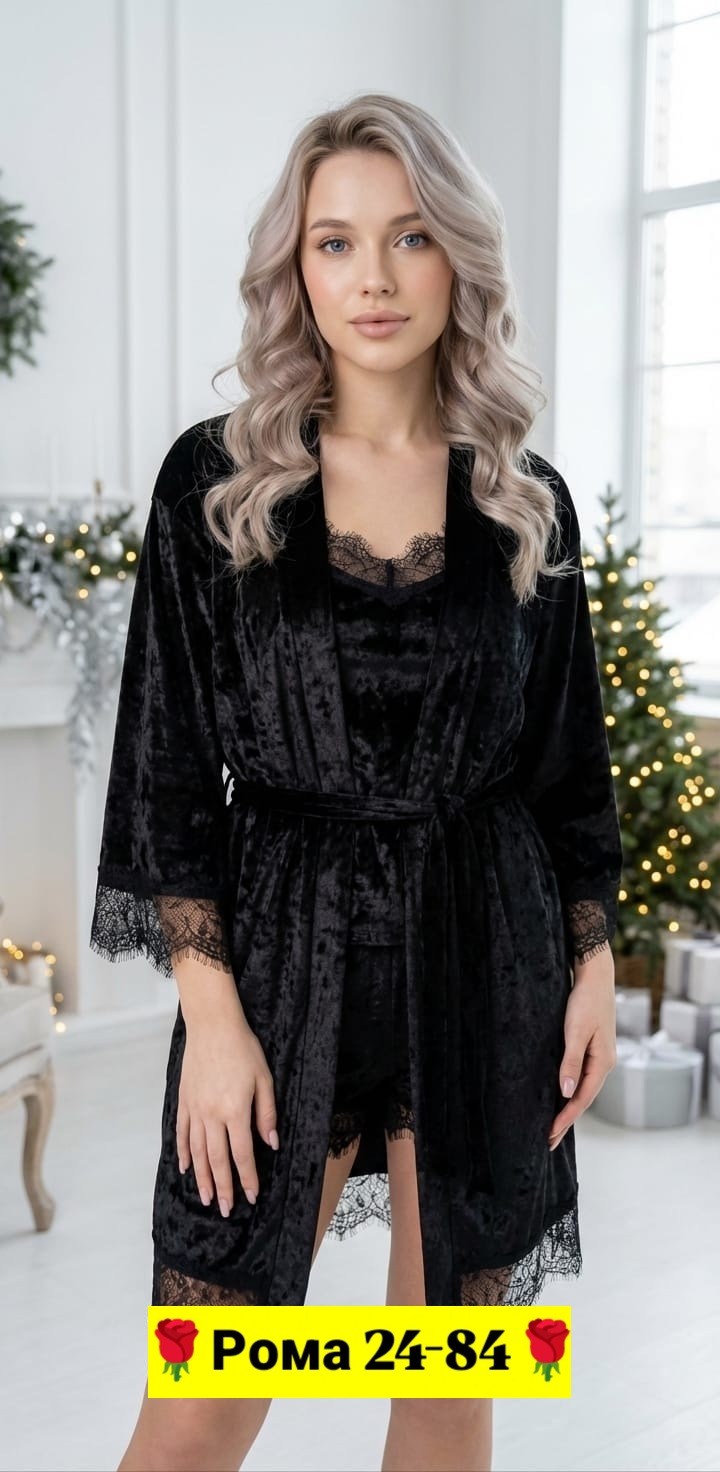 пижама тройка женская велюр,пижама женская,комплект с пеньюаром,пижама женская тройка велюровая,комплект с халатом