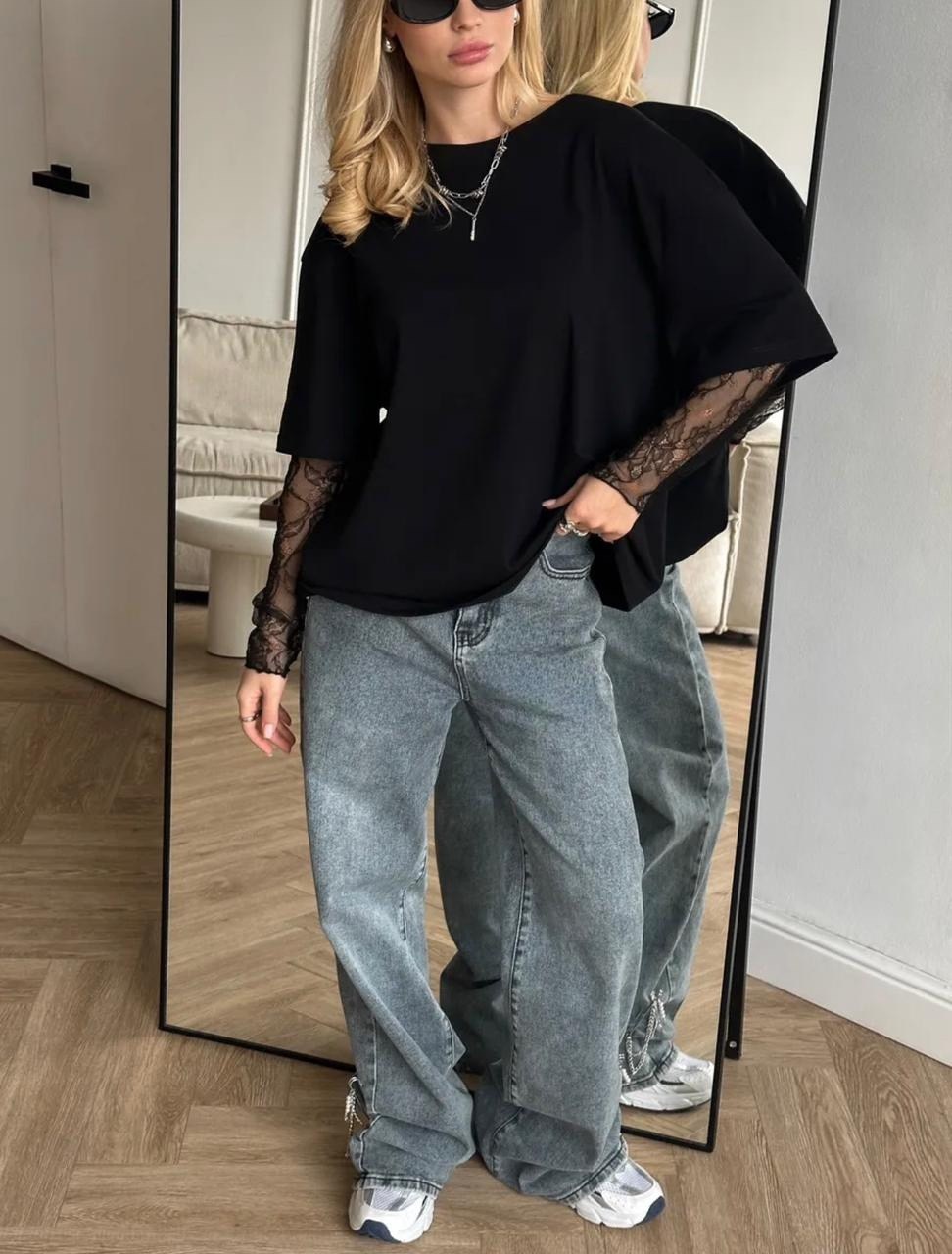 кофта женская,кофта с рукавами,женский свитшот,лонгслив emberens,лонгслив женский однотонный с кружевными рукавами черный