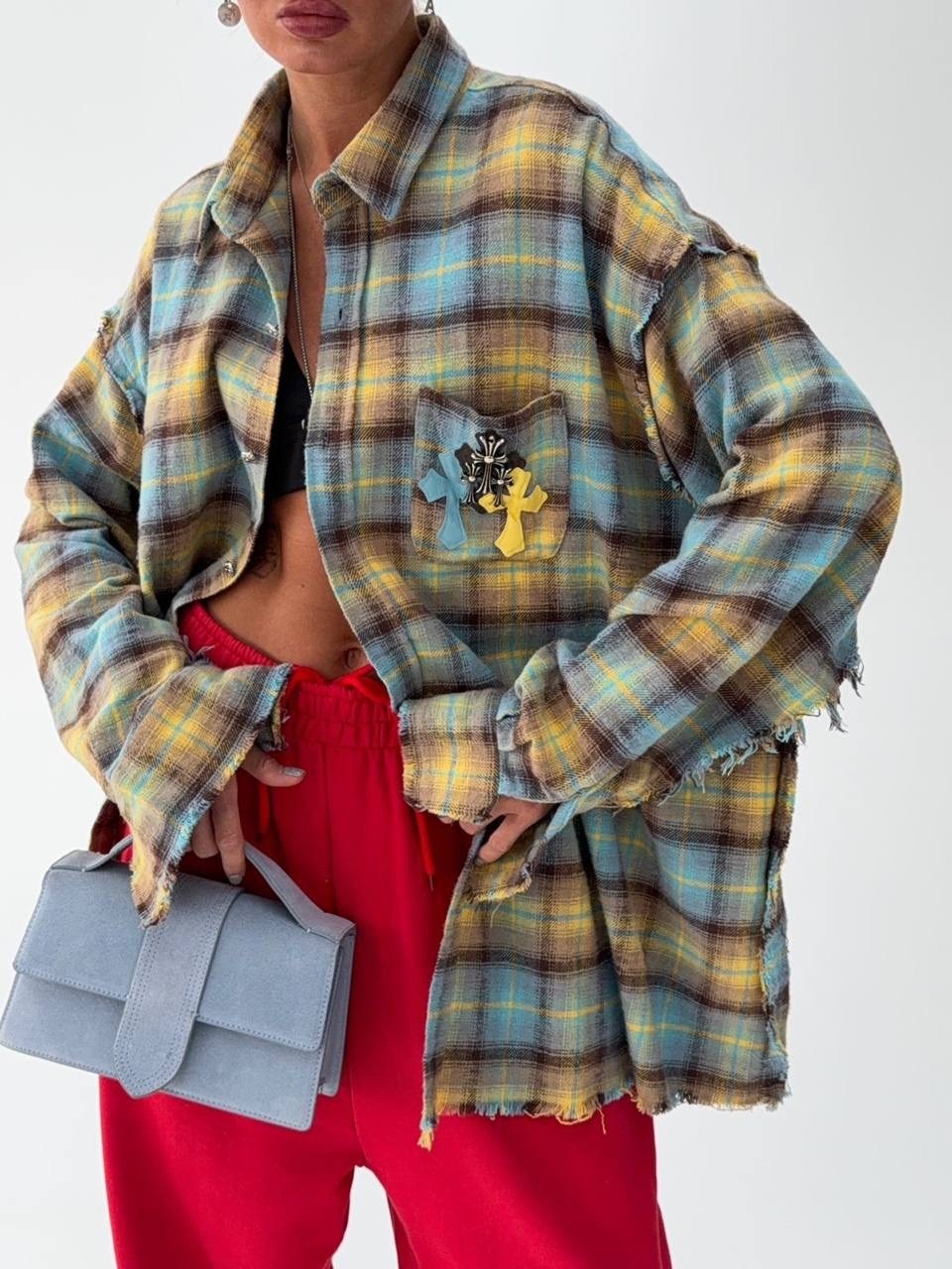 рубашка в клетку оверсайз vittoria vicci,брюки свободные,стильная рубашка,брюки женские в клетку