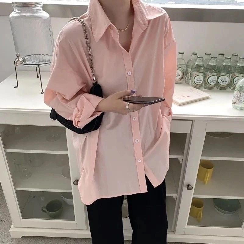 женская свободная рубашка,рубашка женская оверсайз,рубашка женская,женская однотонная рубашка с длинным рукавом,повседневная женская рубашка