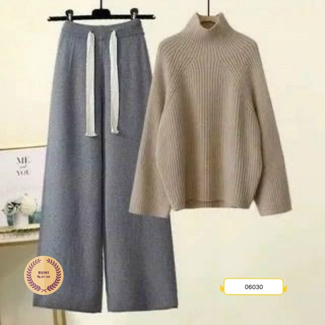 женский комплект из большого свитера с высоким воротником и широких брюк,брюки с широкими штанинами,комплект свитер,трикотажный комплект,женский костюм лапша