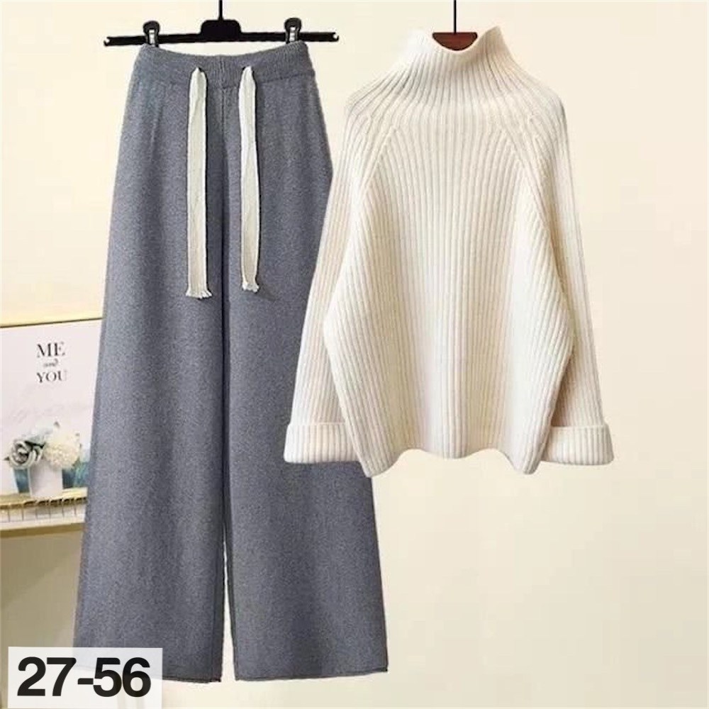 женский комплект из большого свитера с высоким воротником и широких брюк,модный женский трикотажный свитер и широкие брюки,женский костюм с брюками ткань лапша кашемир зимняя,женский костюм с брюками,