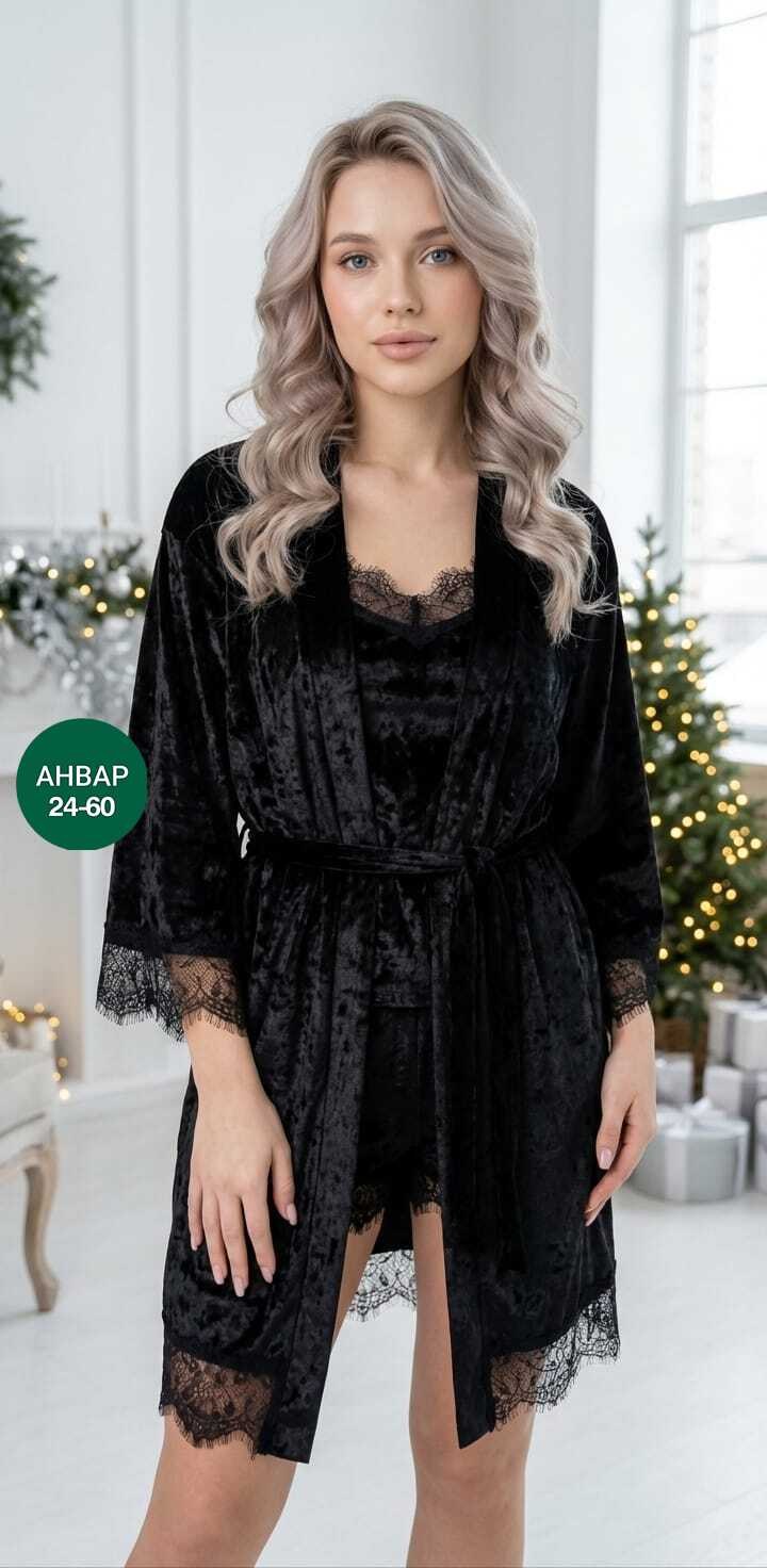 пижама велюровая женская,комплект пижама,женский пеньюар,пижама женская велюровая тройка,халат с кружевом
