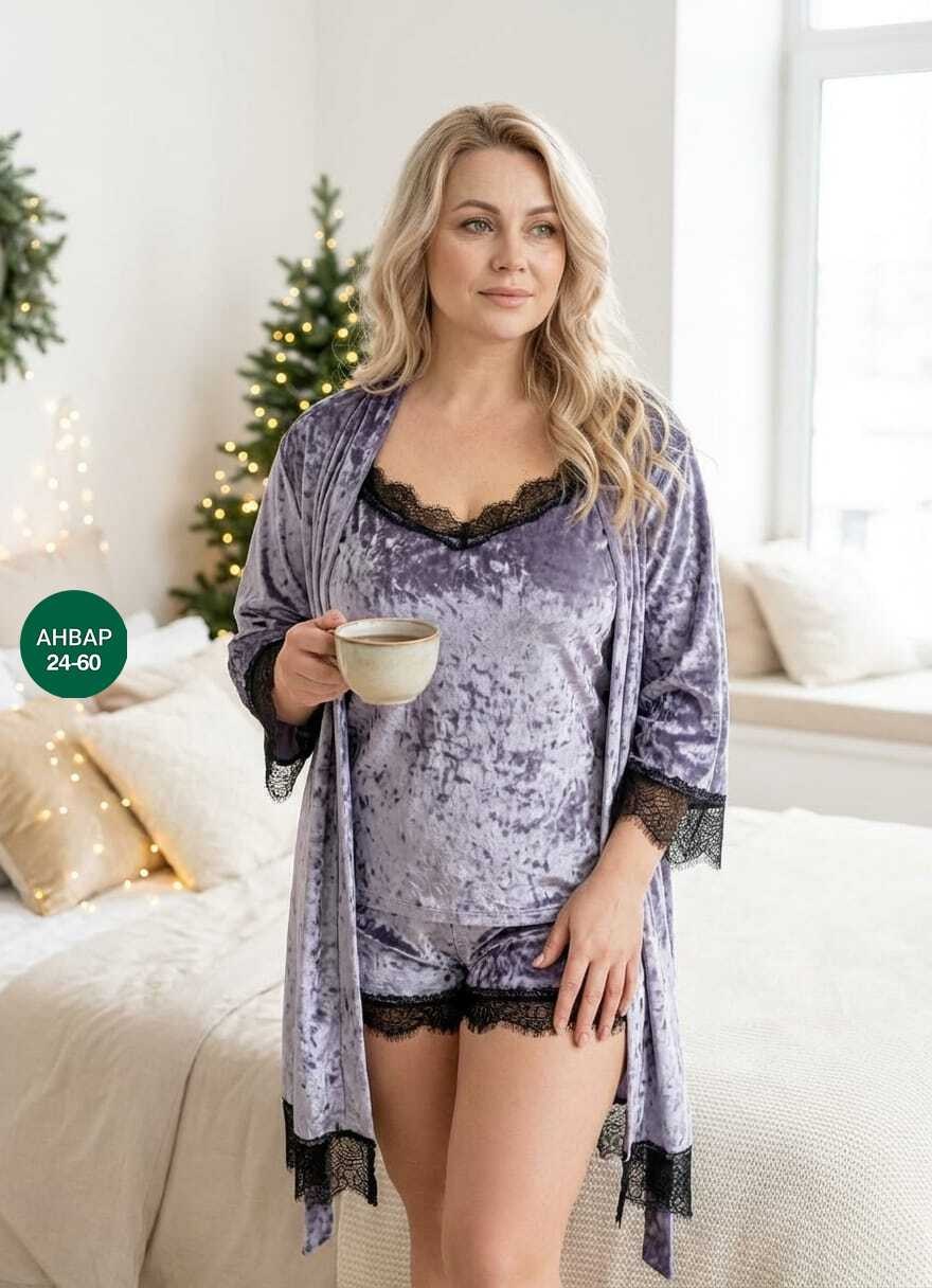 пижама велюровая женская,комплект пижама,женский пеньюар,пижама женская велюровая тройка,халат с кружевом