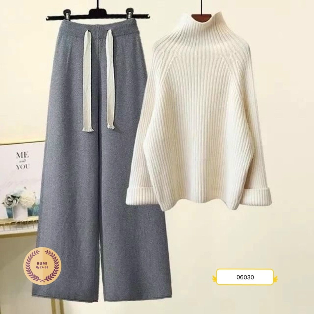 женский комплект из большого свитера с высоким воротником и широких брюк,брюки с широкими штанинами,комплект свитер,трикотажный комплект,женский костюм лапша