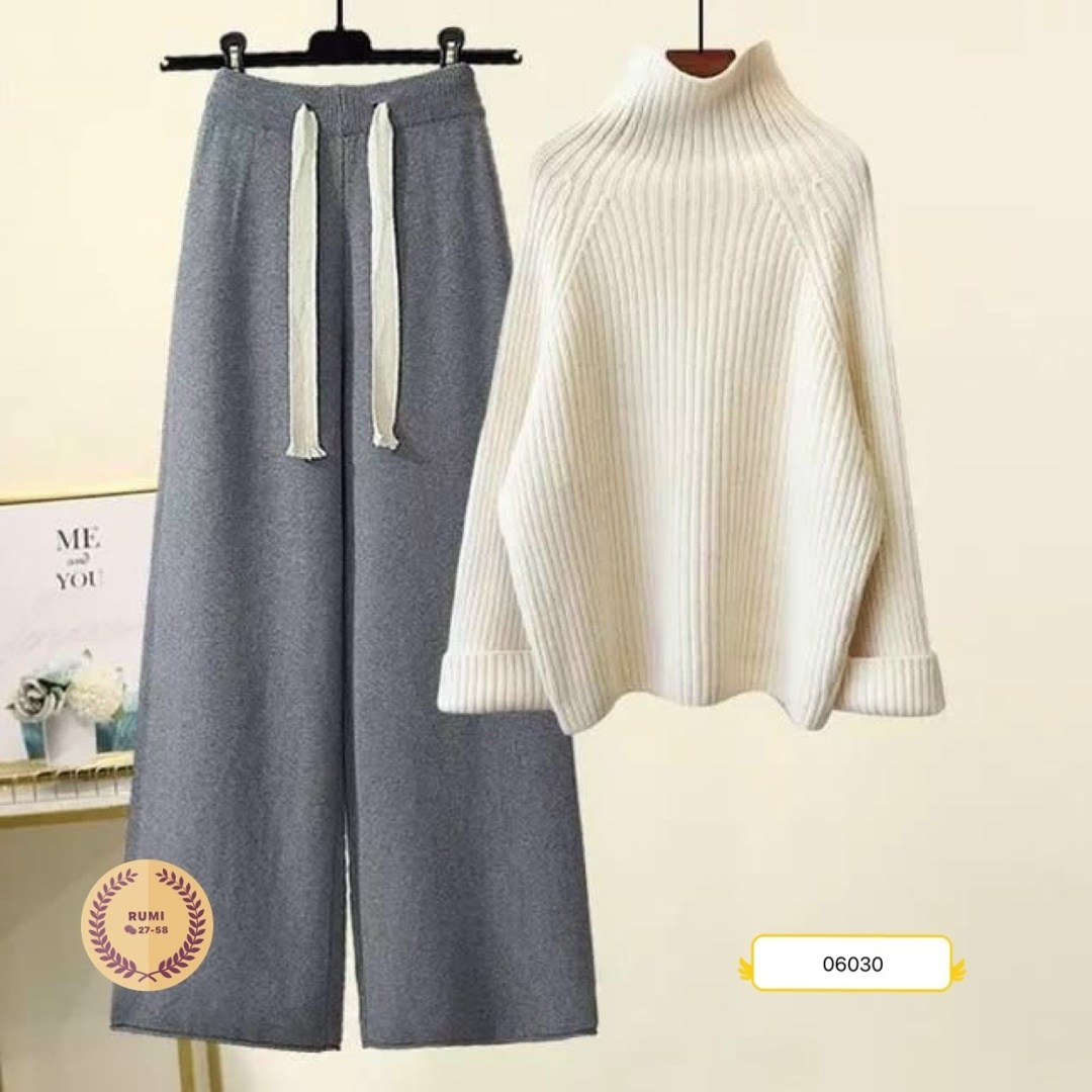 женский комплект из большого свитера с высоким воротником и широких брюк,брюки с широкими штанинами,комплект свитер,трикотажный комплект,женский костюм лапша