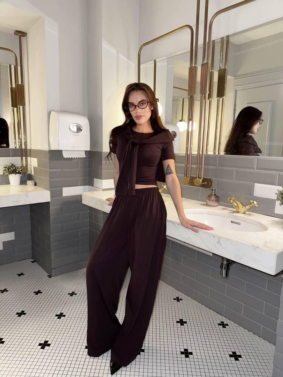 костюм женский,костюм повседневный,широкие брюки,костюм коричневый