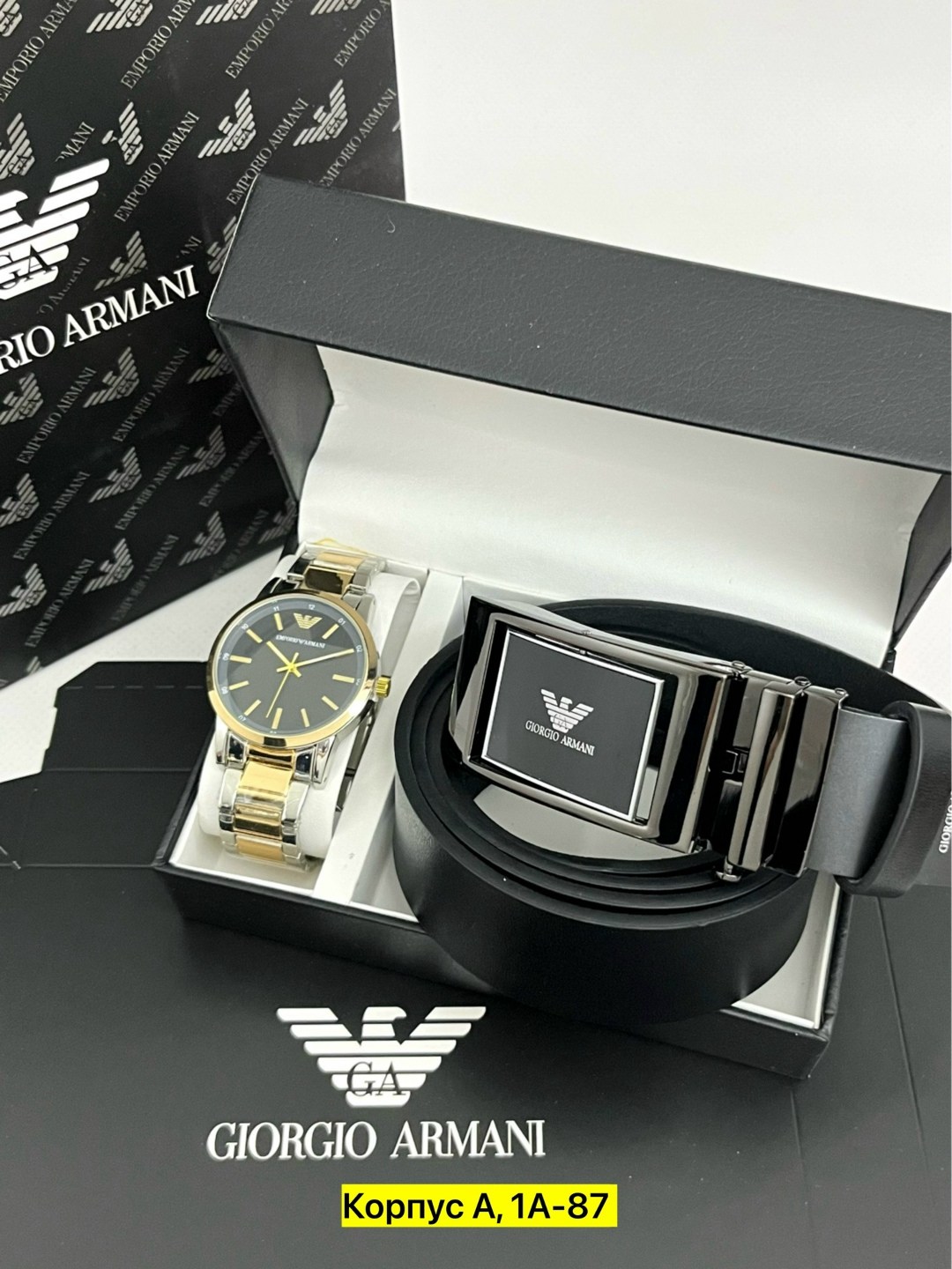 подарочный набор armani,подарочные мужские наборы,набор часы и ремень в коробке джорджио армани,набор часы,подарочный набор часы