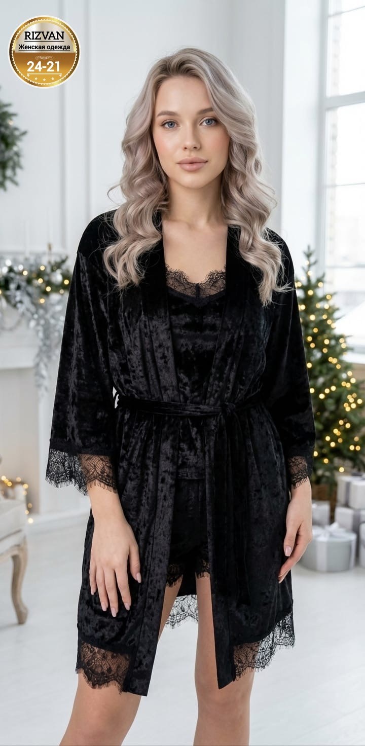 пижама тройка женская велюр,пижама женская тройка велюровая,пижама с шортами и халатом велюровая кружевная,велюровая зеленая пижама майка и шорты с халатом,шикарный велюровый комплект халат и пижама