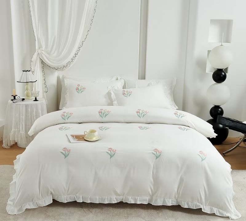 постельное белье,сатиновое постельное бельё с вышивкой евро 2-x сп. комплект - dantela vita,постельное белье евро,комплекты постельного белья,комплект постельного белья asabella