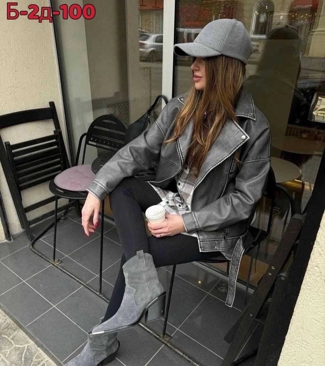 женская куртка косуха арт. 671478,куртка косуха,косуха цвет серый,женская кожаная куртка косуха оверсайз,косуха