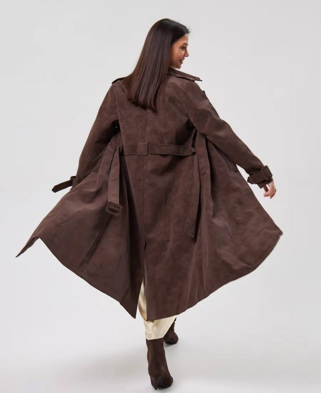 плащ из натуральной замши,тренч плащ,замшевый тренч,женский плащ,пальто коричневое