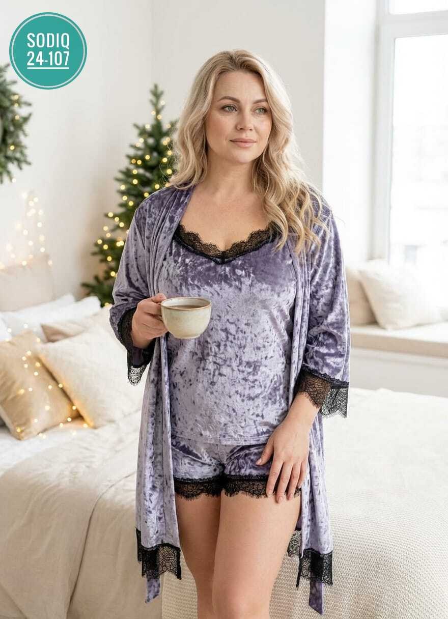 комплект с халатом,пижама комплект домашний,женский пеньюар,пижама из велюра женская,пижама женская велюр