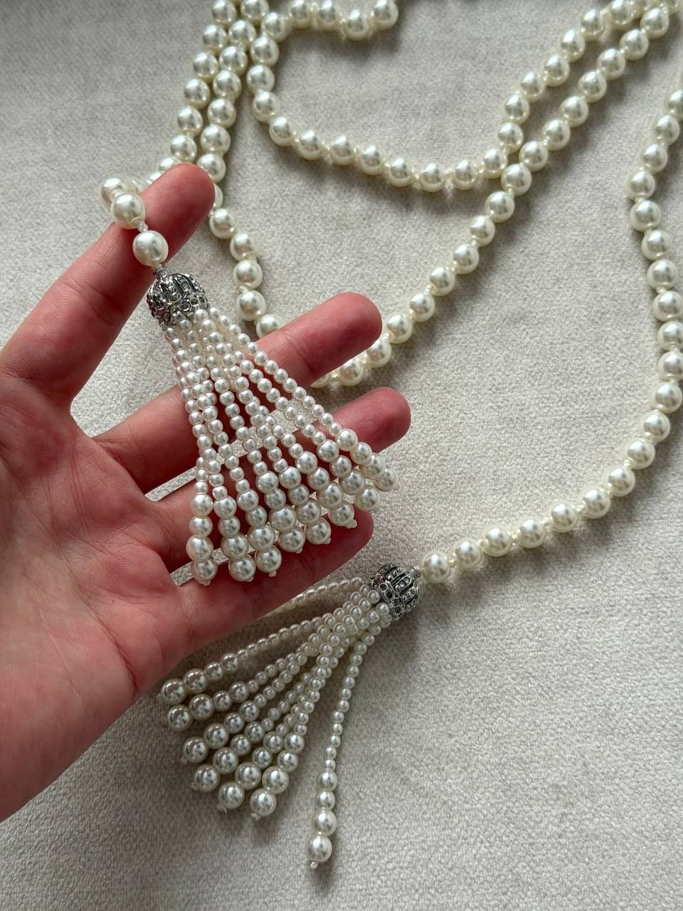 сотуар с кистью из жемчуга "жасмин" белый жемчуг,речной жемчуг сотуар,сотуар из жемчуга,сотуар жемчуга,жемчужное ожерелье