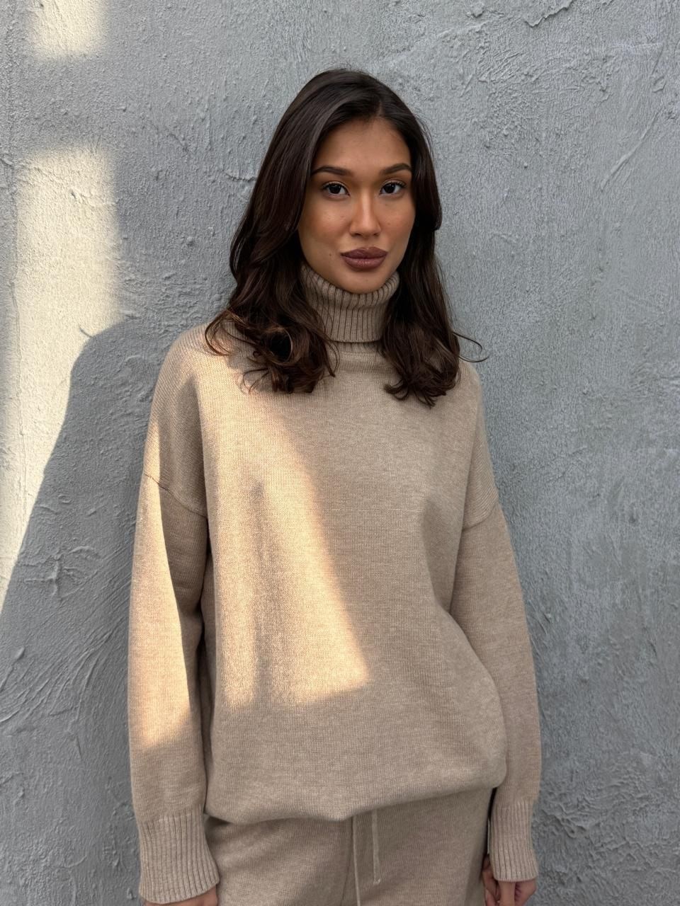 свитер женский,бежевый свитер,костюм вязаный трикотажный теплый с брюками eva coosh,свитер,свитер с воротником