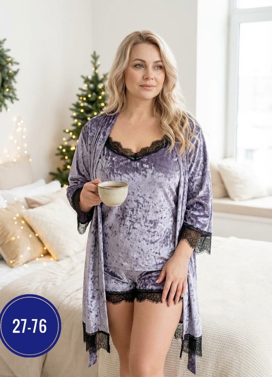 пижама тройка женская велюр,пижама женская тройка велюровая,комплект пижама,пижама с халатом,пижама с шортами и халатом велюровая кружевная