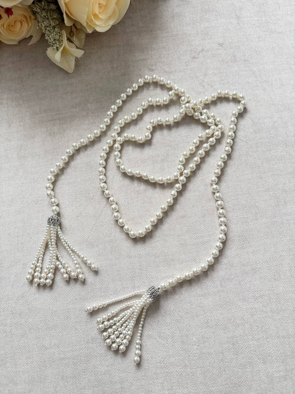 сотуар с кистью из жемчуга "жасмин" белый жемчуг,речной жемчуг сотуар,сотуар из жемчуга,сотуар жемчуга,жемчужное ожерелье