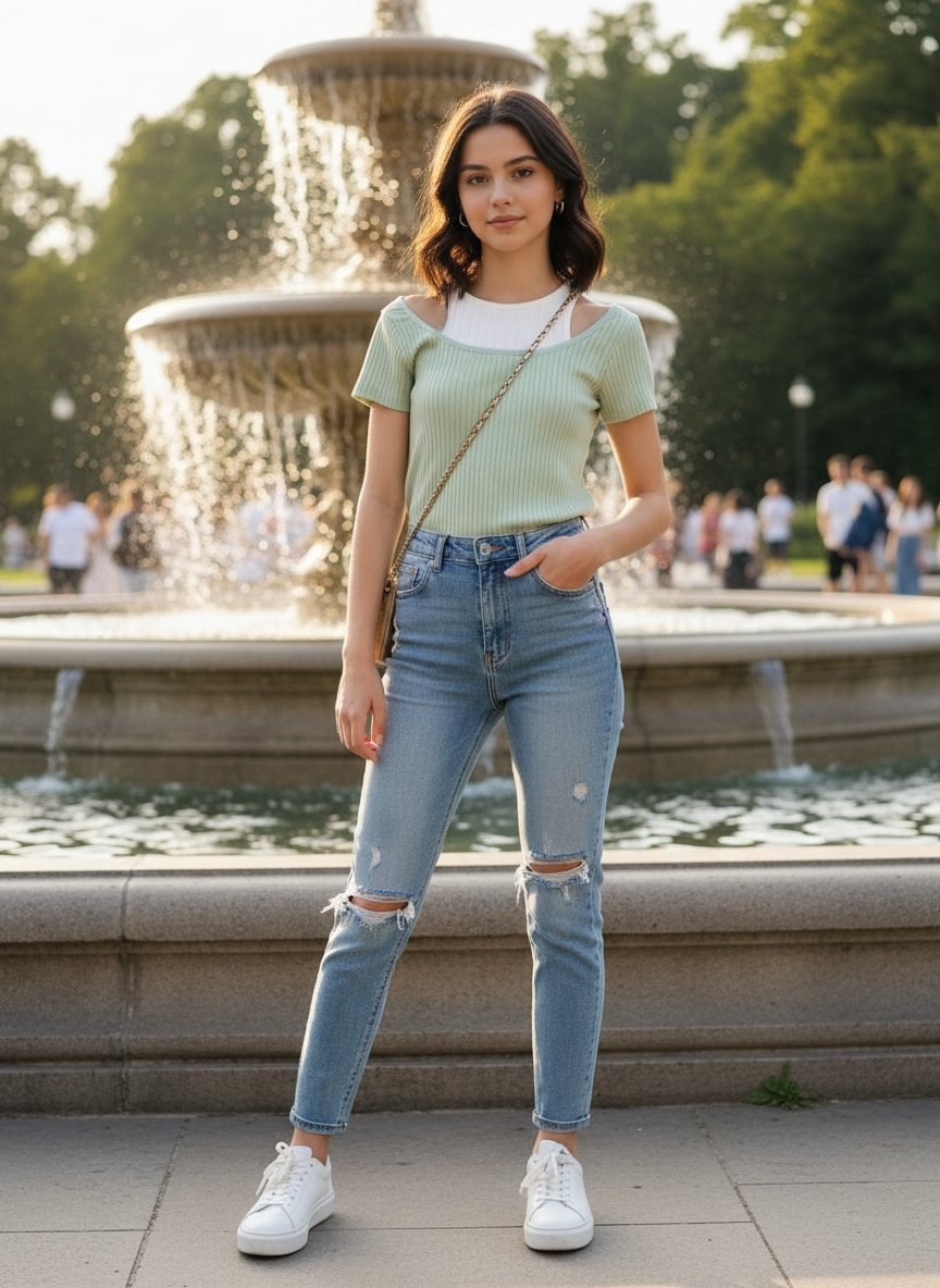 девушка,девушка джинсах,девушка брюнетка в футболке и джинсах,модные образы,джинсах