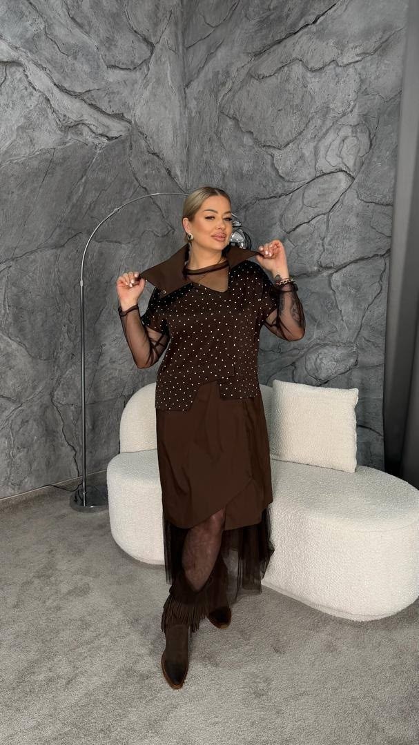 платье с сеткой,костюм к5-5307/3 коричневый,эффектный костюм к5-5307/3,wisell костюм к5-5307/3,стильные платья с сеткой