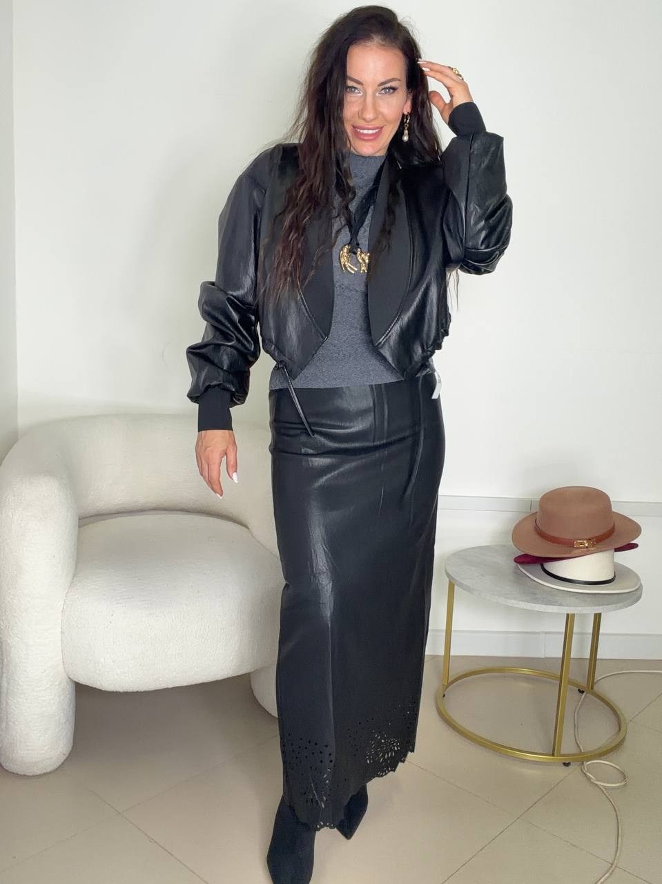 юбка кожаная,кожаный костюм с юбкой,куртка кожаная,стильная куртка,юбка из экокожи