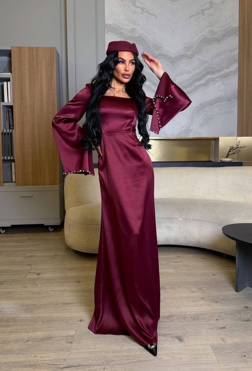 атласное мусульманское платье,вечернее платье,бордовое платье,платье вечернее бордовое,платье с длинным рукавом женское