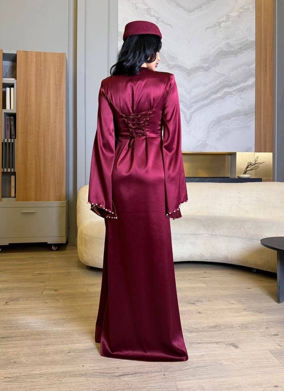 атласное мусульманское платье,вечернее платье,бордовое платье,платье вечернее бордовое,платье с длинным рукавом женское