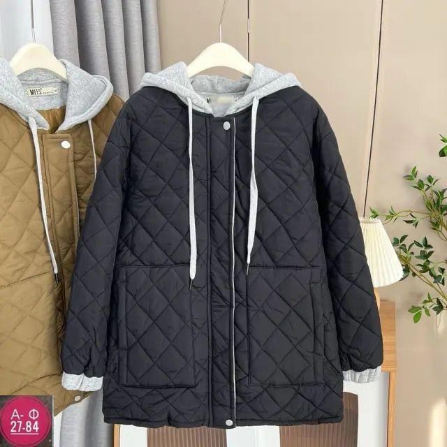 стеганая куртка женская,стеганая куртка с капюшоном,куртка зимняя женская,куртка повседневная,куртка женская оверсайз с капюшоном средней длины
