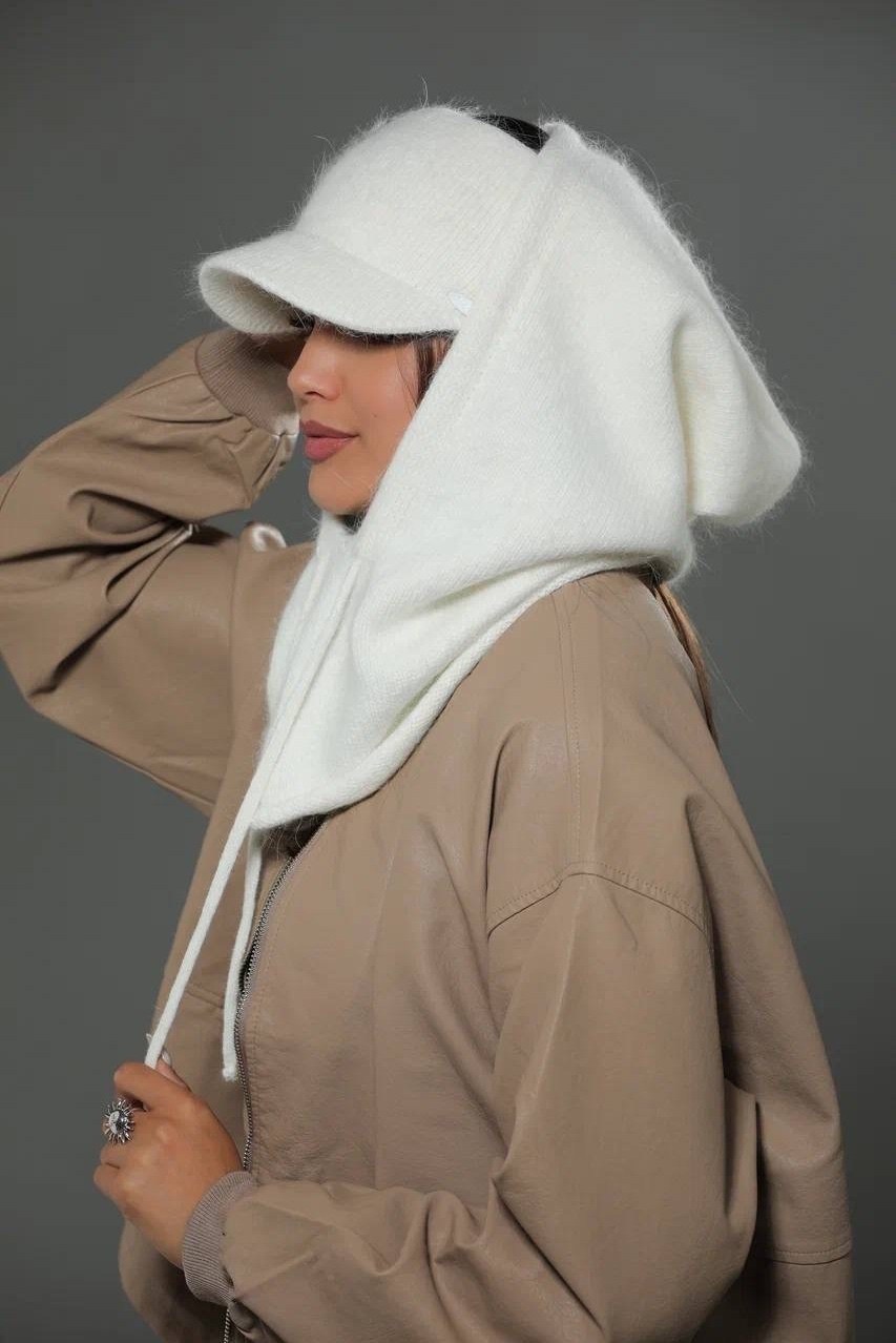 капор женский зимний ангора белый с кепкой,кепка с капором из ангоры glamour boutique,комплект ангора капор+кепка,кепка с капором из ангоры,капюшон капор