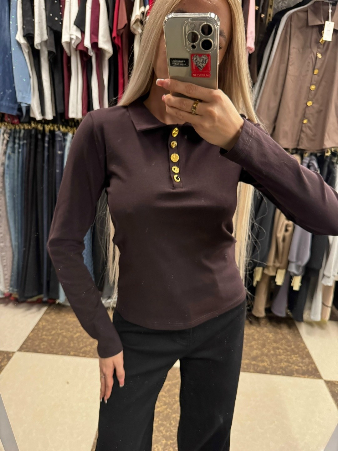 джемпер-поло из трикотажной ткани коричневого цвета,джемпер,коричневый джемпер,джемпер поло коричневый,коричневая женская рубашка поло