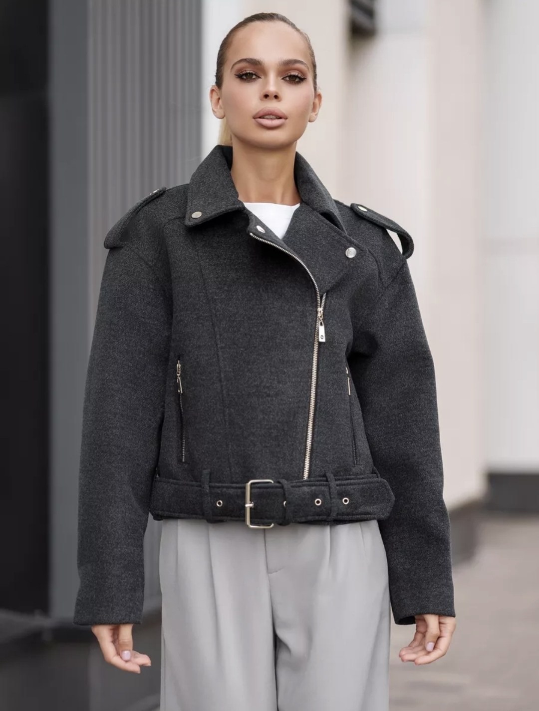 куртка косуха шерстяная из пальтовой ткани,стильная куртка,куртка из пальтовой ткани серая,куртка из пальтовой ткани серая fly-style,пальто косуха