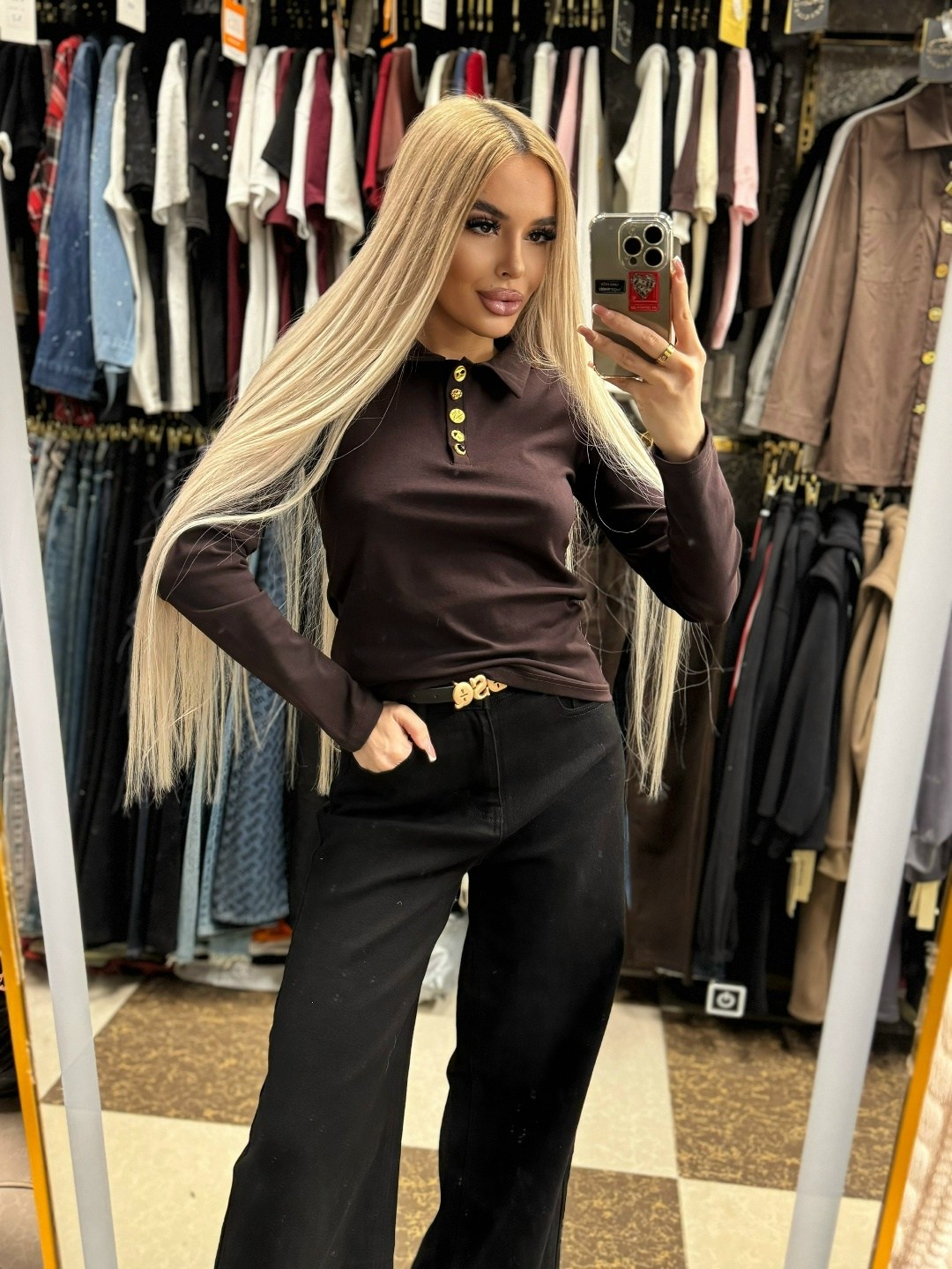 джемпер-поло из трикотажной ткани коричневого цвета,джемпер,коричневый джемпер,джемпер поло коричневый,коричневая женская рубашка поло