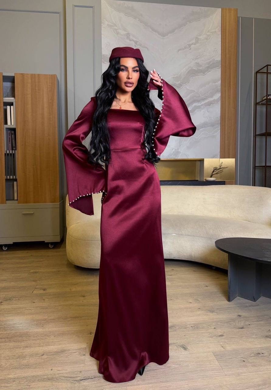 атласное мусульманское платье,вечернее платье,бордовое платье,платье вечернее бордовое,платье с длинным рукавом женское