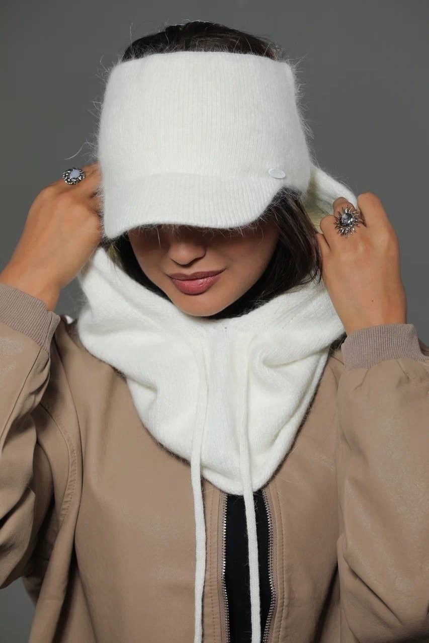 капор женский зимний ангора белый с кепкой,кепка с капором из ангоры glamour boutique,комплект ангора капор+кепка,кепка с капором из ангоры,капюшон капор