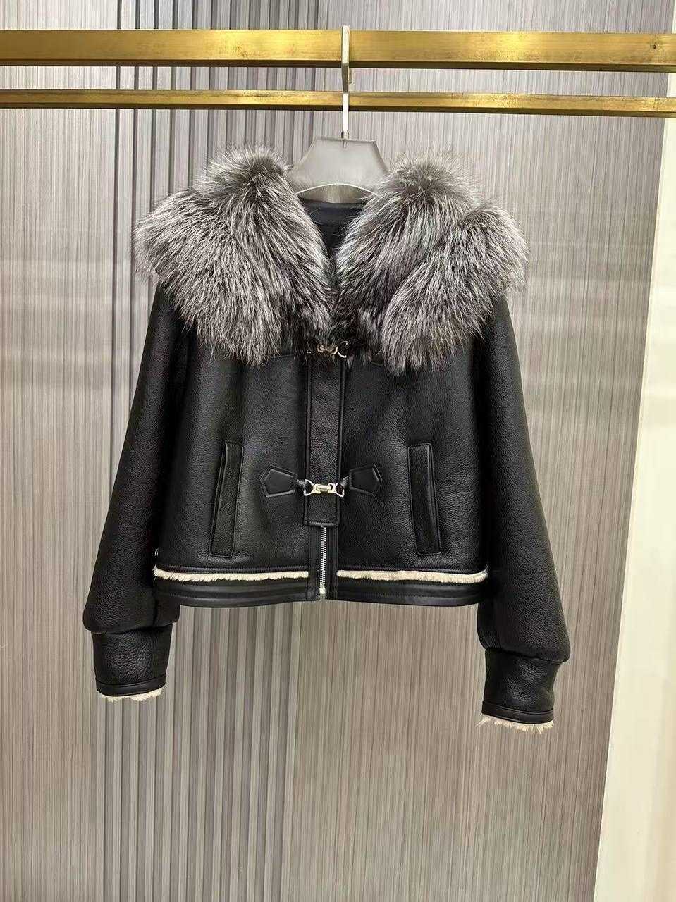 дубленка фенди с мехом,зимняя кожаная куртка с лисьим мехом,кожаная женская куртка с мехом,женская зимняя кожаная куртка с мехом,куртка из натуральной кожи, овчина, натуральный мех