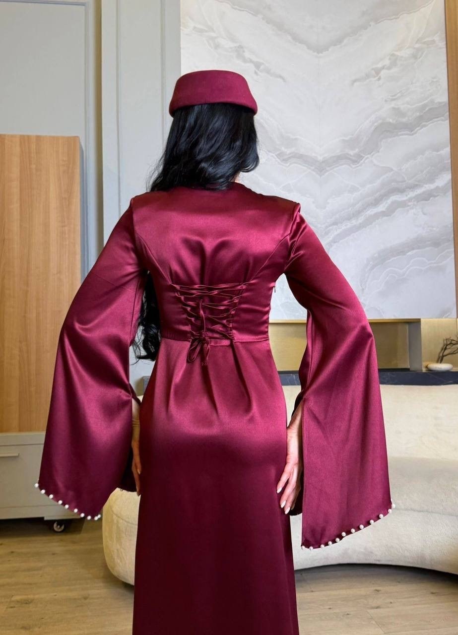 атласное мусульманское платье,вечернее платье,бордовое платье,платье вечернее бордовое,платье с длинным рукавом женское